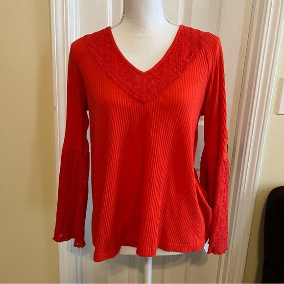 Free People Parisian Nights Flared Sleeve Blouse Red Orange Size Small - Picture 2 of 10